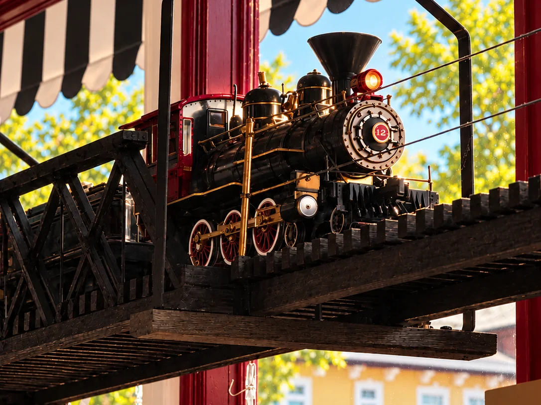 The model train crossing its bridge above the shop at Nibblers